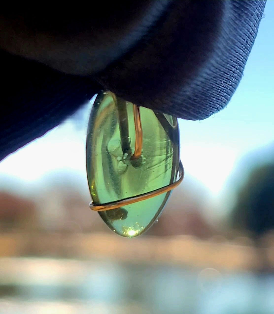 Polished Moldavite Bead Pendant on Gold-Filled Wire