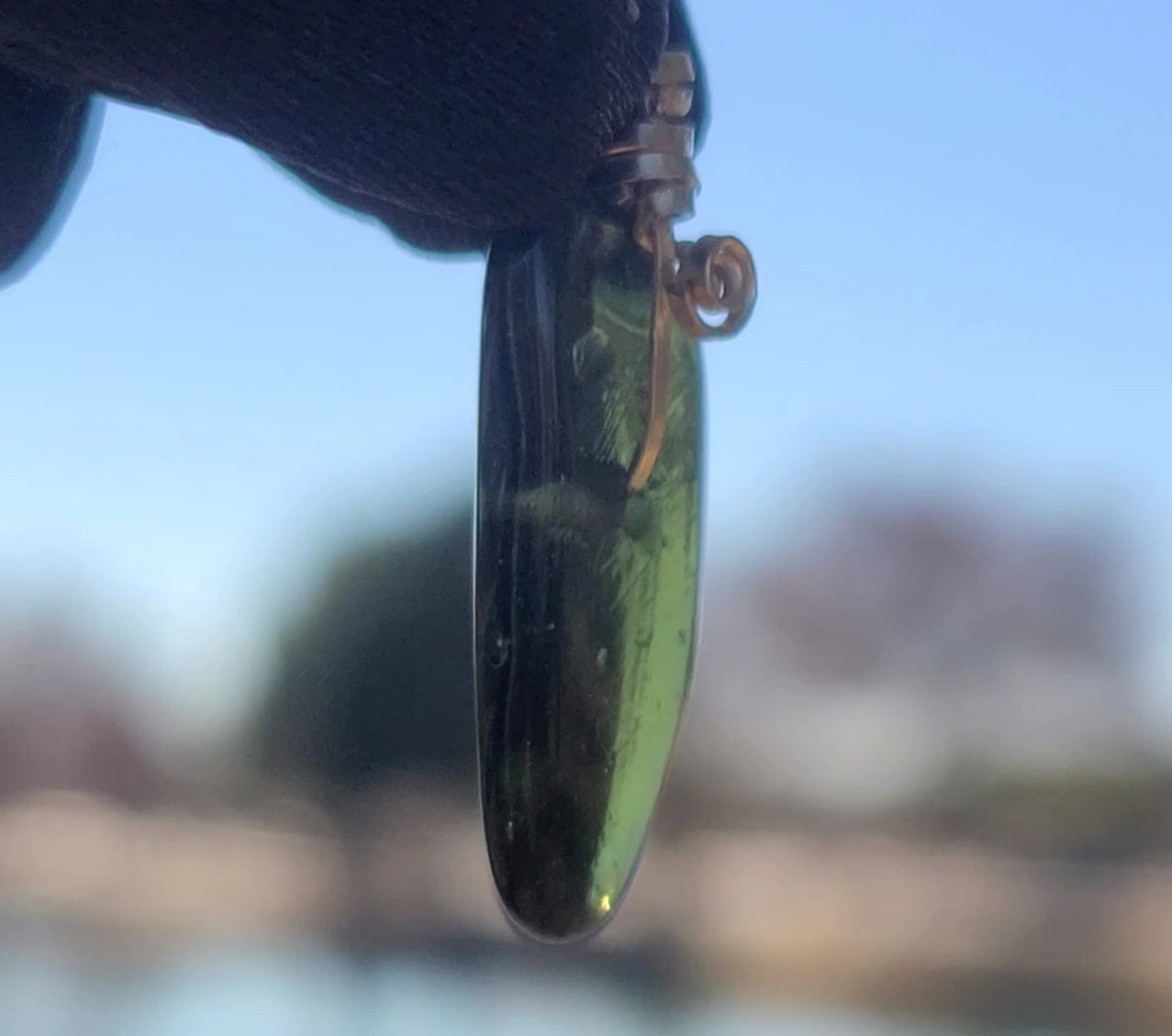 Polished Moldavite Bead Pendant on Gold-Filled Wire